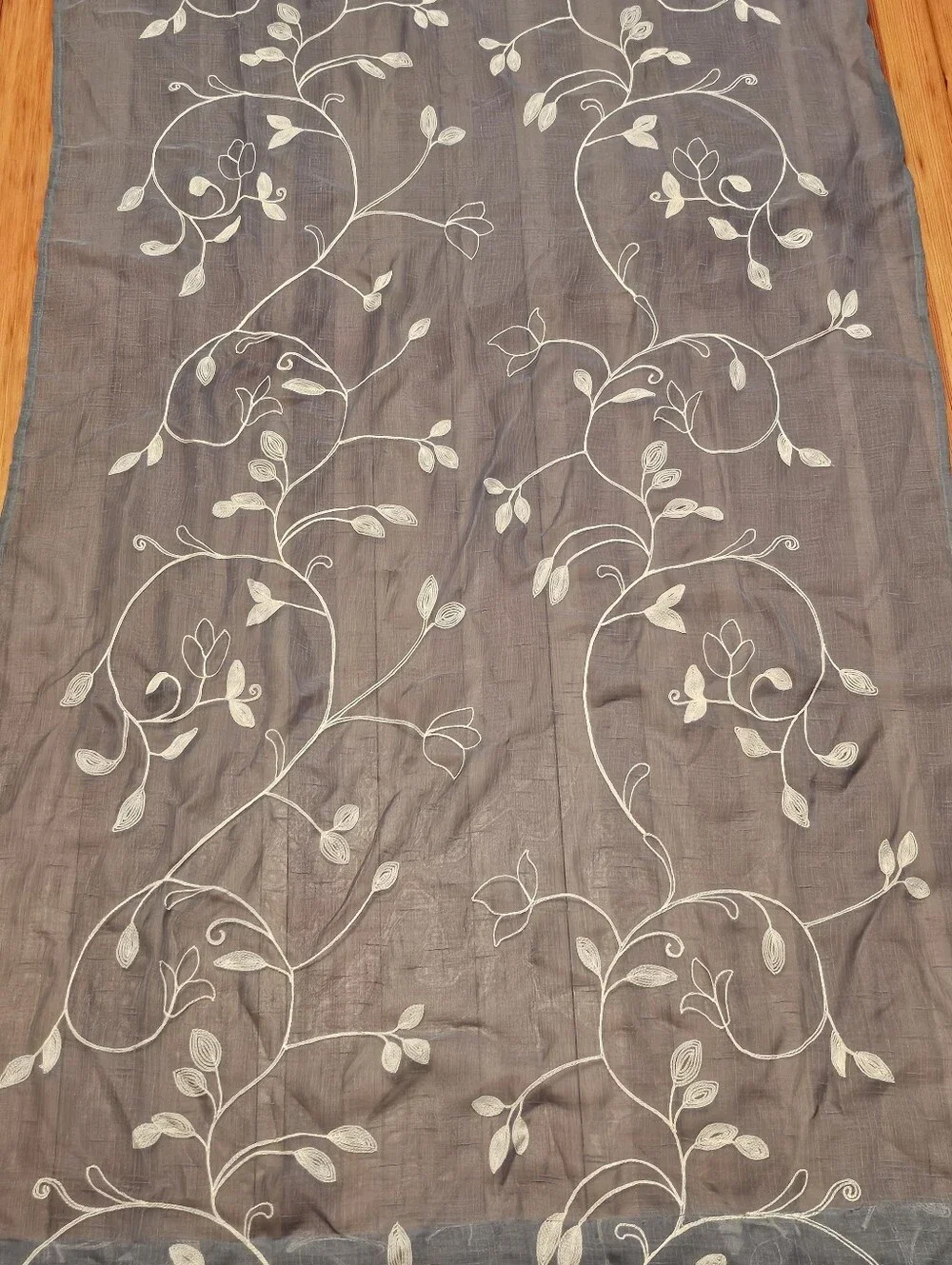 Light Blue Sheer Curtain Panel with Cream Vine Embroidery - Home Accents